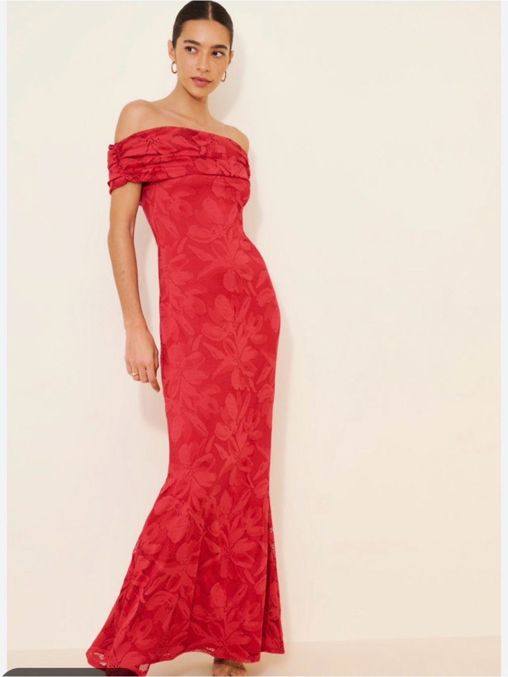 AFRM Red Off-Shoulder Floral Jacquard Gown - Picture 1 of 7